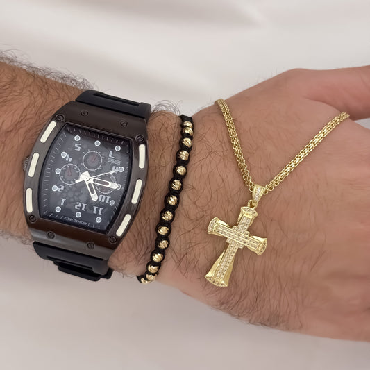 Cadena Tejido Chino de Hombre de 60cm de 3mm de Grosor + Cruz Lisa con Micro circones + Pulsera Balin italiano de 4mm en Oro Laminado 18k con Garantía de por vida + Reloj Richard