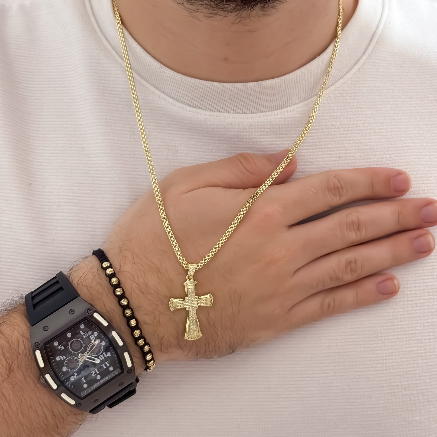 Cadena Tejido Chino de Hombre de 60cm de 3mm de Grosor + Cruz Lisa con Micro circones + Pulsera Balin italiano de 4mm en Oro Laminado 18k con Garantía de por vida + Reloj Richard