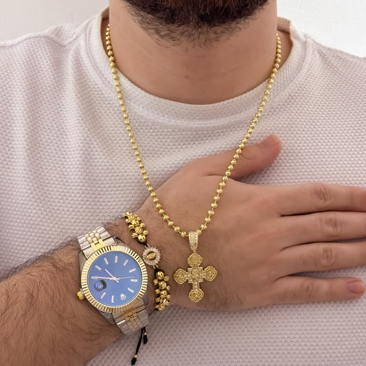 Cadena Tejido Militar Diamantada de 60cm de 4mm + Cruz Cristo Madero Plano + Pulseras de Virgen de Guadalupe de 3 Carriles en Balin Italiano de 4mm + Reloj Rolex Vicolor en Oro Laminado 18k con Garantía de por vida