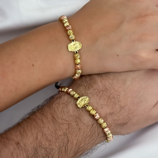 Promoción de Par de Pulseras para Pareja de Virgen de Guadalupe Talla en Balin Italiano 6mm Oro Rosa + Amarillo en Oro Laminado 18k Garantia de por vida