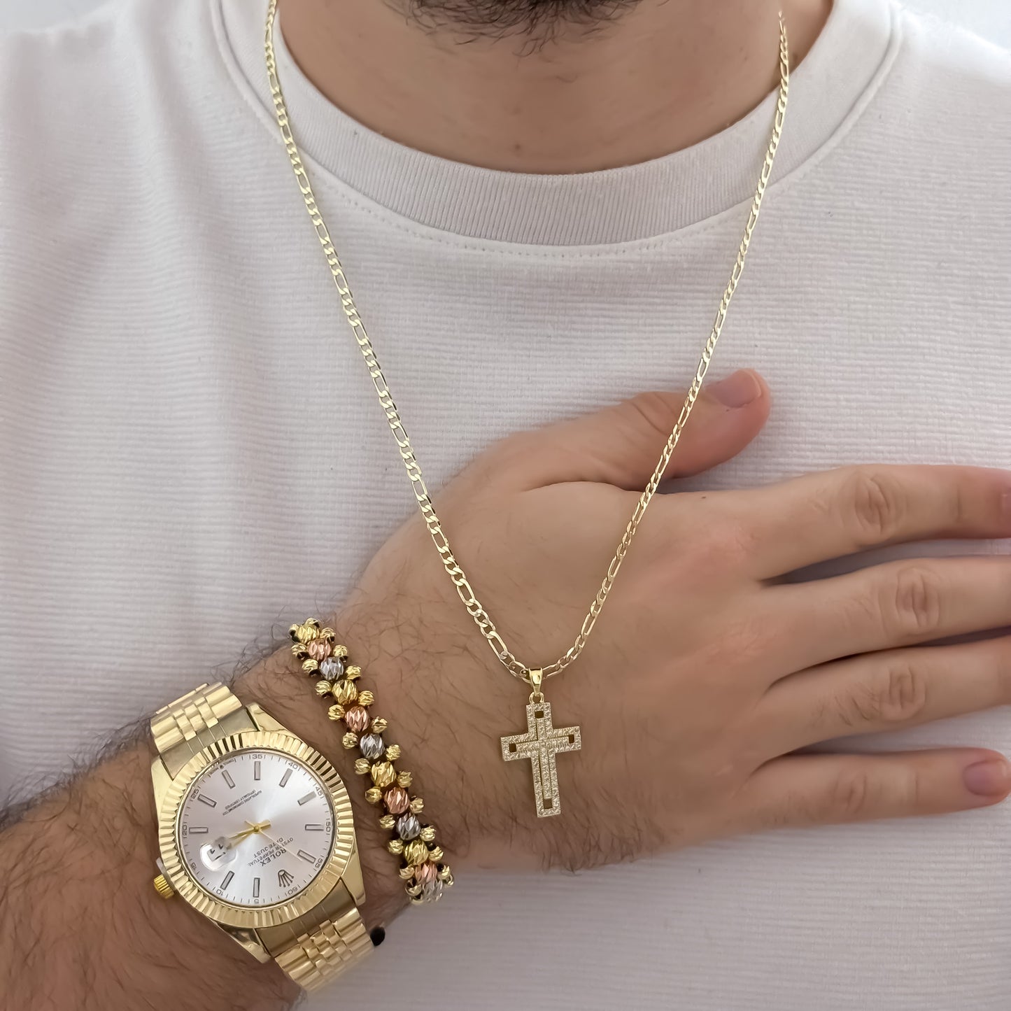 Cadena Tejido Catier de Hombre de 60cm de 3mm de Grosor + Cruz Con Micro circones + Pulsera balin Italiano de 3 Oros + Reloj Rolex en Oro laminado 18k con Garantia de por vida