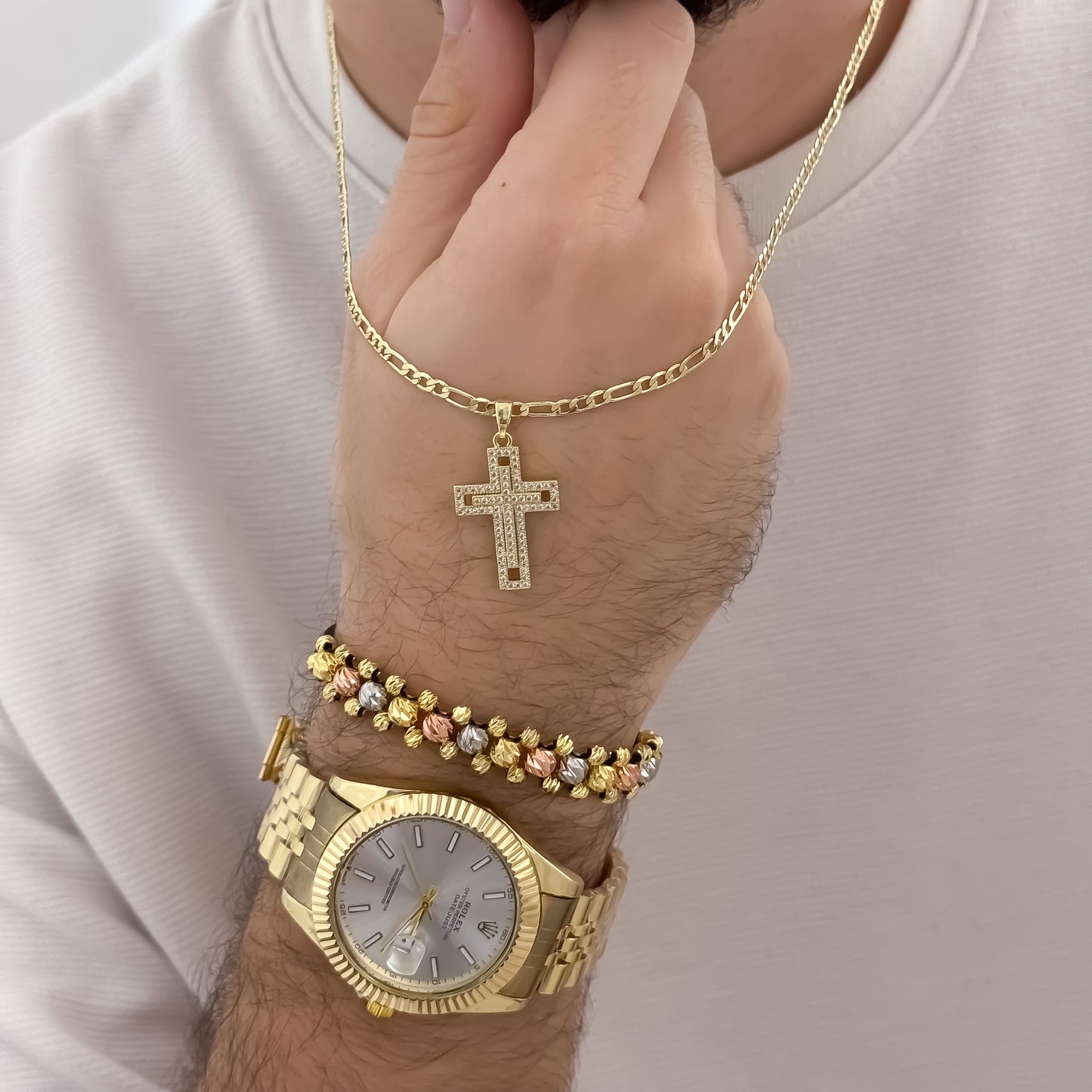 Cadena Tejido Catier de Hombre de 60cm de 3mm de Grosor + Cruz Con Micro circones + Pulsera balin Italiano de 3 Oros + Reloj Rolex en Oro laminado 18k con Garantia de por vida