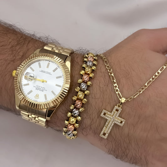Cadena Tejido Catier de Hombre de 60cm de 3mm de Grosor + Cruz Con Micro circones + Pulsera balin Italiano de 3 Oros + Reloj Rolex en Oro laminado 18k con Garantia de por vida