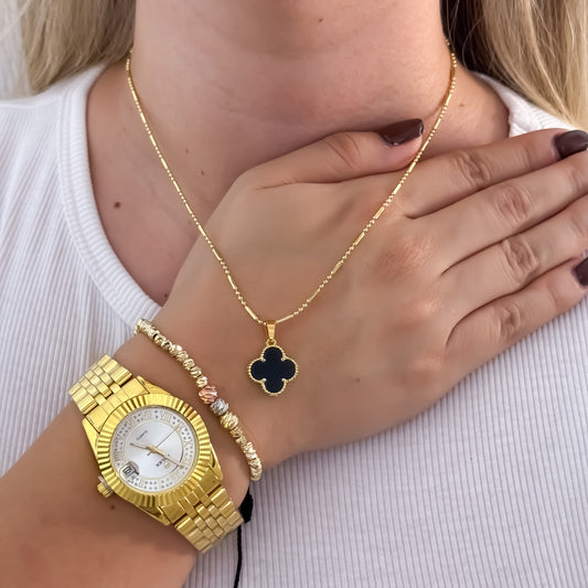 Conjunto Cadena Tejido Militar 45cm + Dije Trebol + Pulsera Balin italiano de 5mm de 3 oros + Reloj de Rolex de Dama en Oro Laminado 18k con Garantía de por vida