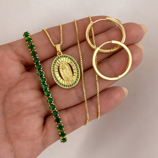 Cadena Tejido Veneciano de 45cm + Virgen de Guadalupe Verde + Candongas Tubular + Pulsera Tennis Verde en Oro Laminado 18k