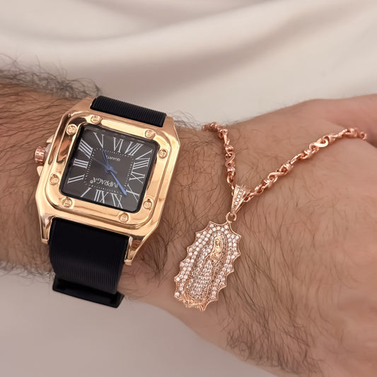 Cadena Tejido Rustica Rosada de 60cm de 3mmm + Virgen de Guadalupe Rosada + Reloj Catier en Oro Rosa en Oro Laminado 18k con Garantia de por vida