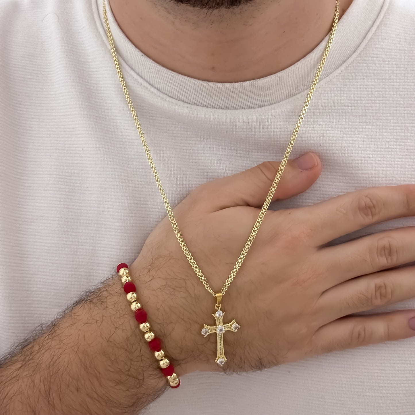 Cadena Tejido Chino de Hombre de 60cm de 3mm de Grosor + Cruz con Micro Circones + Pulsera Balin 6mm en Oro Laminado 18k con Garantia de por vida