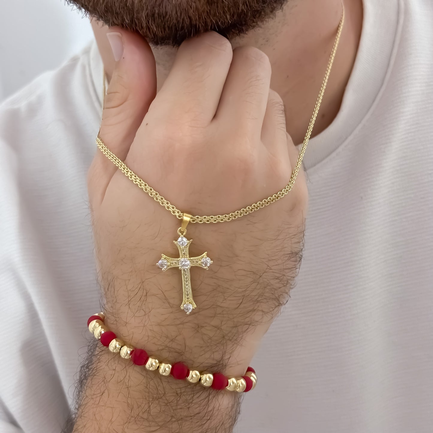 Cadena Tejido Chino de Hombre de 60cm de 3mm de Grosor + Cruz con Micro Circones + Pulsera Balin 6mm en Oro Laminado 18k con Garantia de por vida