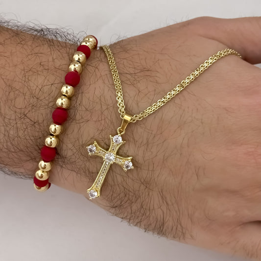Cadena Tejido Chino de Hombre de 60cm de 3mm de Grosor + Cruz con Micro Circones + Pulsera Balin 6mm en Oro Laminado 18k con Garantia de por vida