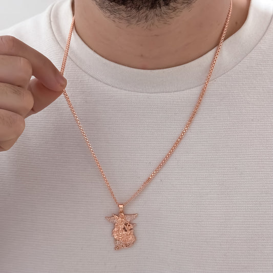 Cadena Tejido Chino de Hombre Oro Rosa  en  60cm de 3mm de Grosor + San Miguel  Protección en Oro Rosa en Oro laminado 18k con Garantía de por vida