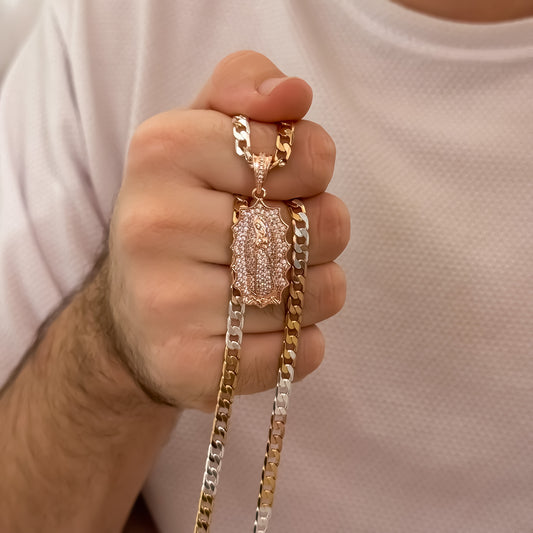 Cadena Cubana de Hombre DE 3 OROS de 60cm de 5mm de Grosor + Dije de Virgen de Guadalupe en Oro Rosa en Oro Laminado 18k con Garantia de por vida