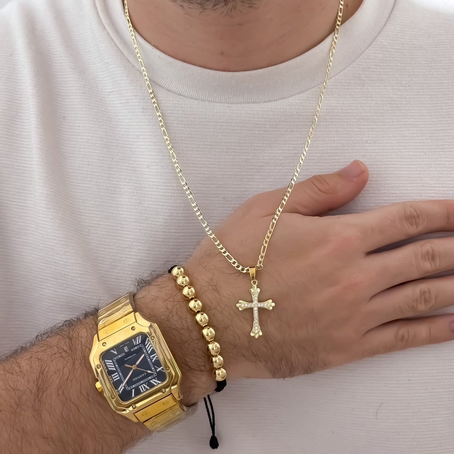 Cadena Tejido Cartier de Hombre de 60cm de 3mm de Grosor + Cruz con micro circones + Pulsera Full Balines de 8mm en Oro Laminado 18k con Garantia de por vida  + reloj Catier