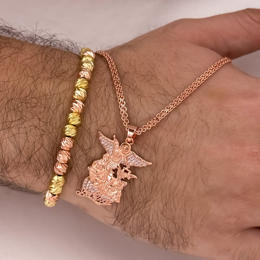 Cadena Tejido Chino de hombre en Oro Rosa de 60cm + San Miguel Arcángel + Pulsera Balin Italiano Oro Rosa en Oro laminado 18k con Garantia