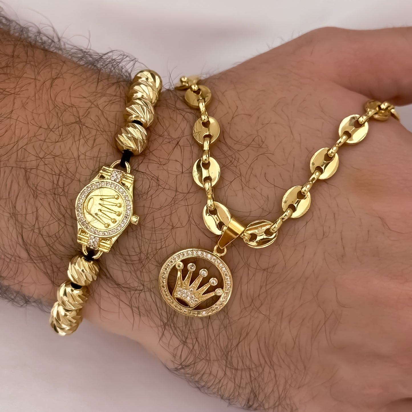 Cadena Tejido Gucci de Hombre de 60cm de 5mm + Corona Rolex  + Pulsera Rolex  Diamantada en Oro laminado 18k  con Garantía