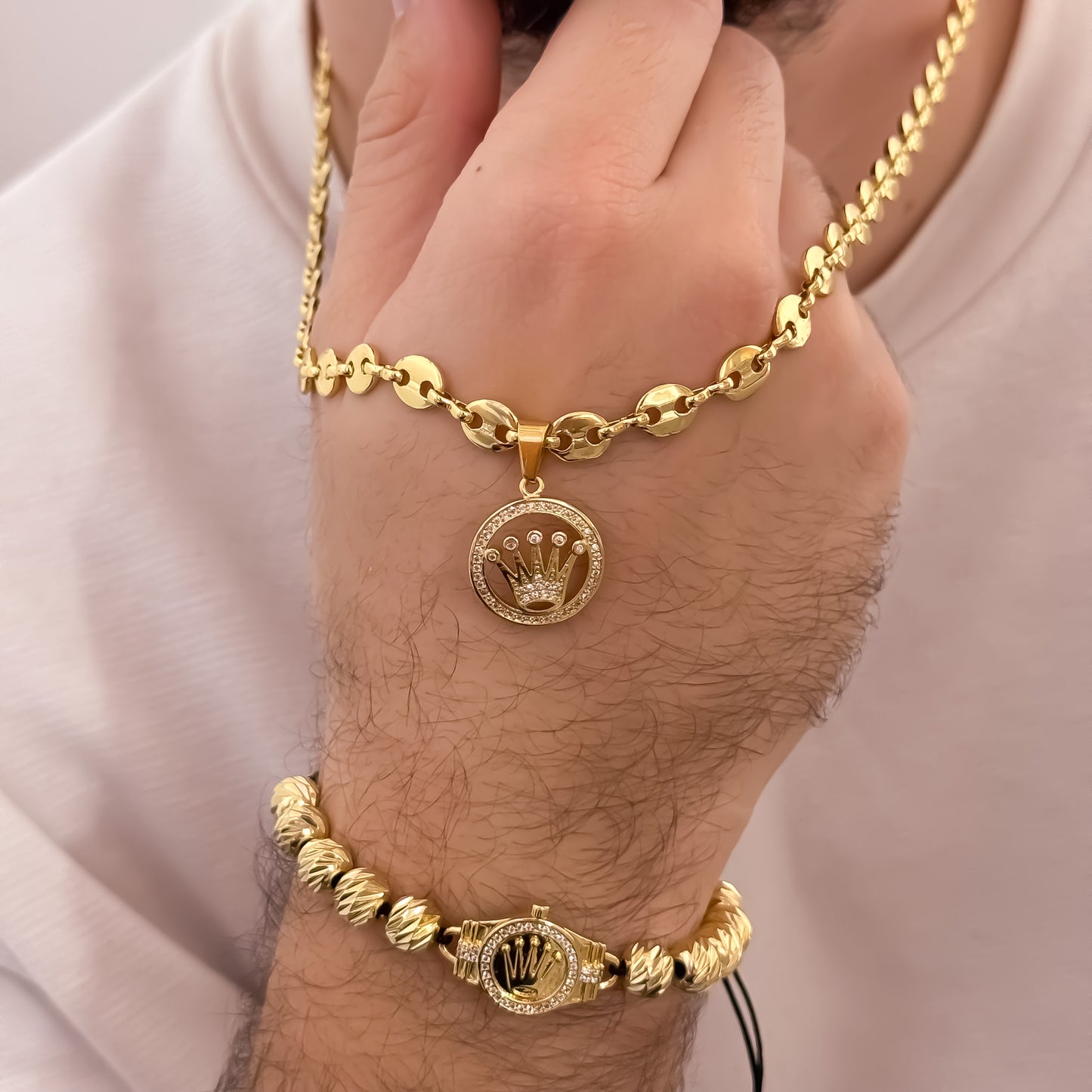 Cadena Tejido Gucci de Hombre de 60cm de 5mm + Corona Rolex  + Pulsera Rolex  Diamantada en Oro laminado 18k  con Garantía