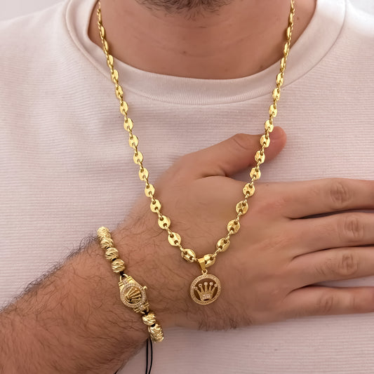Cadena Tejido Gucci de Hombre de 60cm de 5mm + Corona Rolex  + Pulsera Rolex  Diamantada en Oro laminado 18k  con Garantía