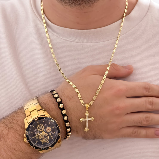 Cadena Tejido Escalera Plana60cm de 3mm de Grosor + Dije Cruz Micro circones + Pulsera  Balin italiano 6mm en Oro Laminado 18k con Garantia de por vida + Reloj Rolex con Garantia