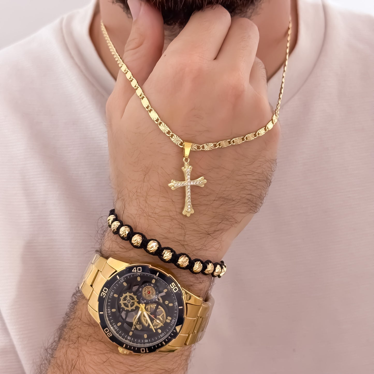 Cadena Tejido Escalera Plana60cm de 3mm de Grosor + Dije Cruz Micro circones + Pulsera  Balin italiano 6mm en Oro Laminado 18k con Garantia de por vida + Reloj Rolex con Garantia