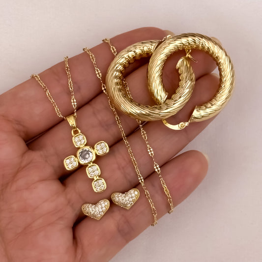 Cadena Tejido Crispeta de Dama de 45cm + Cruz  con Micro Circones + Topos Corazon + Candongas Tubular en Oro Laminado 18k con Garantia de por vida