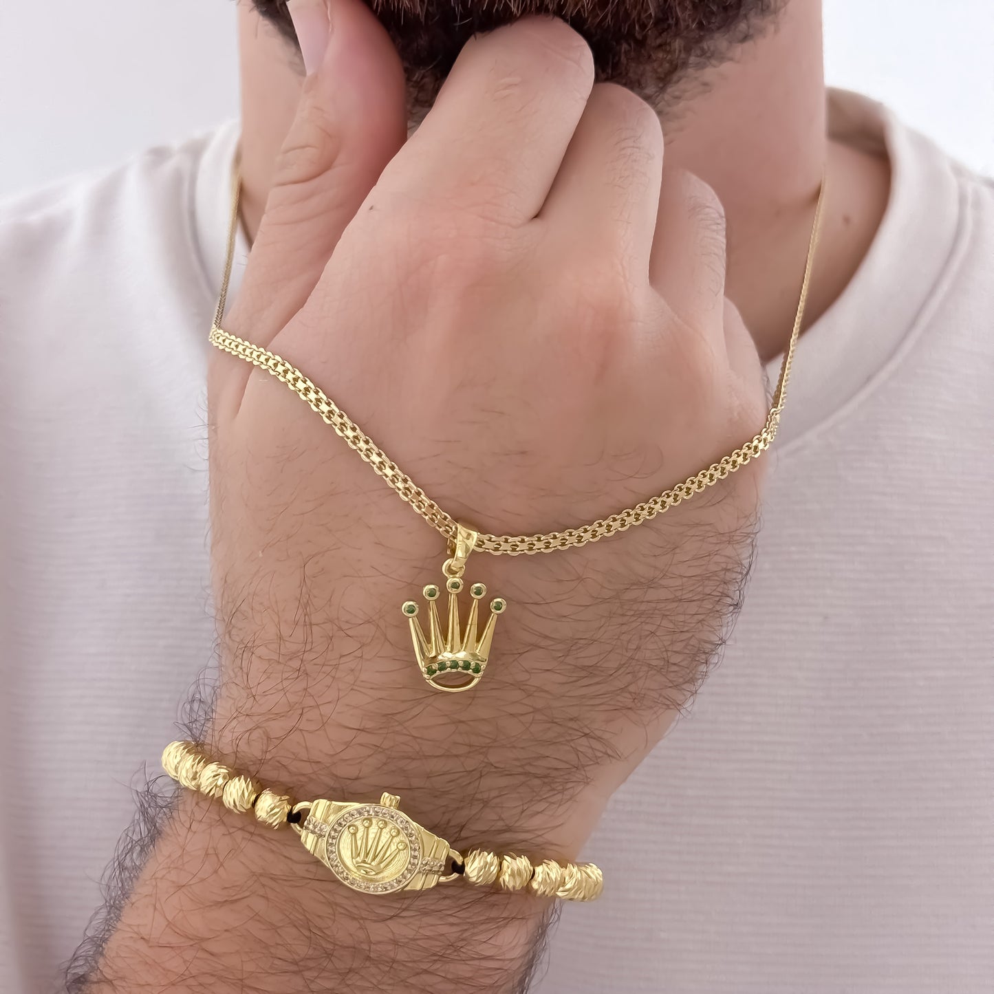 Cadena Tejido Chino hombre de 60cm de 3mm + Corona Rolex Micro Circones Verde + Pulsera Rolex en Balin italiano en Oro Laminado 18k con Garantia de por vida