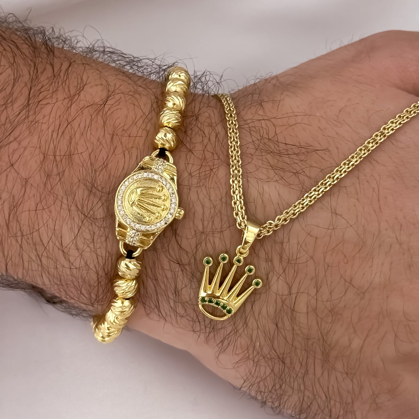 Cadena Tejido Chino hombre de 60cm de 3mm + Corona Rolex Micro Circones Verde + Pulsera Rolex en Balin italiano en Oro Laminado 18k con Garantia de por vida