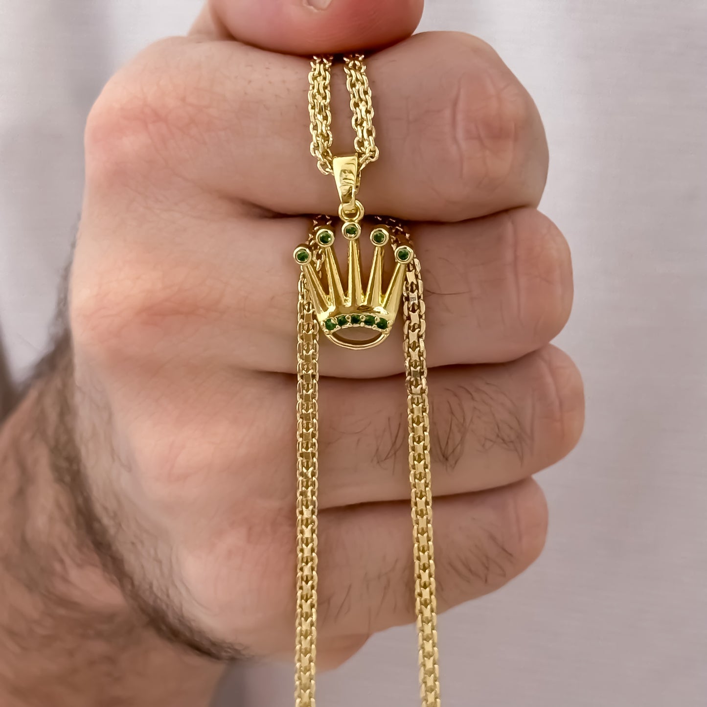 Cadena Tejido Chino de Hombre de 60cm de 3mm + Dije de Rolex con Micro circones Verde Esmeralda  en Oro Laminado 18k con Garantia de por vida