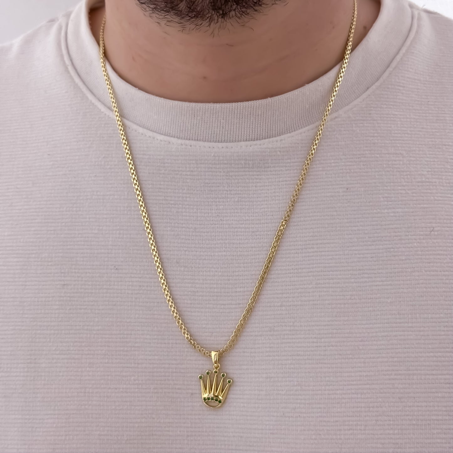 Cadena Tejido Chino de Hombre de 60cm de 3mm + Dije de Rolex con Micro circones Verde Esmeralda  en Oro Laminado 18k con Garantia de por vida