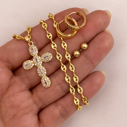 Cadena Tejido Gucci de Dama de 45cm + Cruz Micro Circones + Candongas verde + Topo balin 5mm en Oro Laminado 18k con Garantia de por vida
