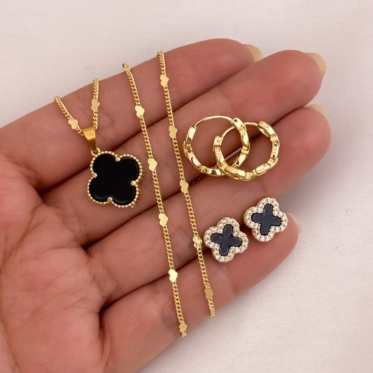 Cadena Tejido Cubana Destello + Dije de Trebol Negro + Topo Trebol Negro + Candongas Talla en Oro laminado 18k con Garantía de por vida