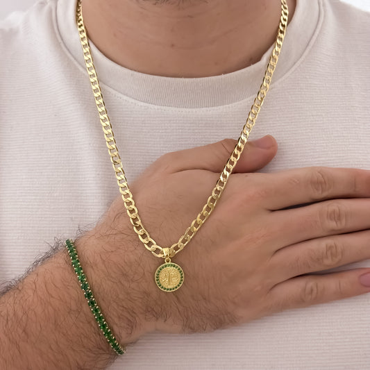 Cadena Cubana de Hombre de 60cm de 5mm de Grosor + Dije de San Benito Proteccion con Micro circones Verde + Pulsera Tennis Verde Esmeralda en Oro Laminado 18k
