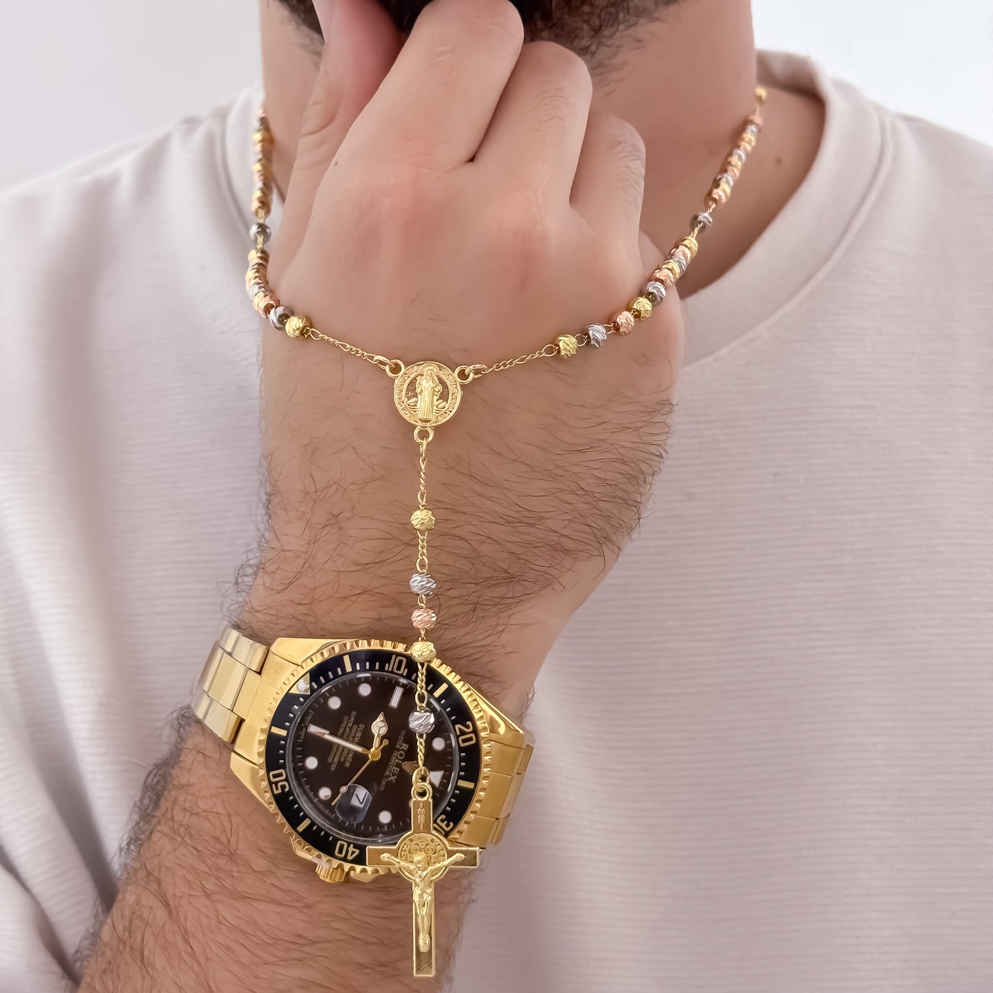 Camandula de San Benito Protección en  3 Oros Balin de 6mm de Grosor + Reloj Rolex de Hombre en Oro laminado 18k con Garantia de por vida