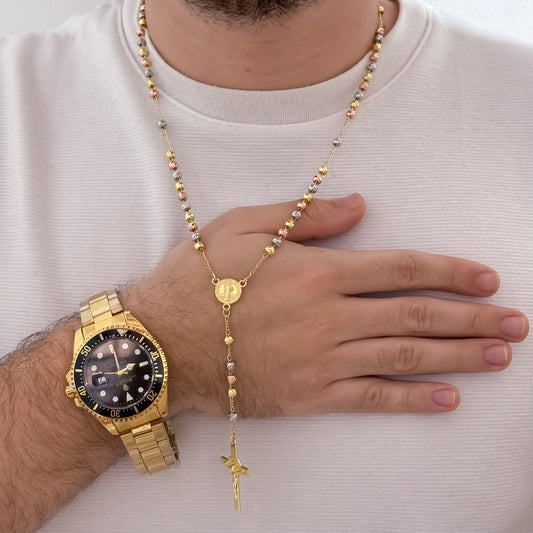 Camandula de San Benito Protección en  3 Oros Balin de 6mm de Grosor + Reloj Rolex de Hombre en Oro laminado 18k con Garantia de por vida