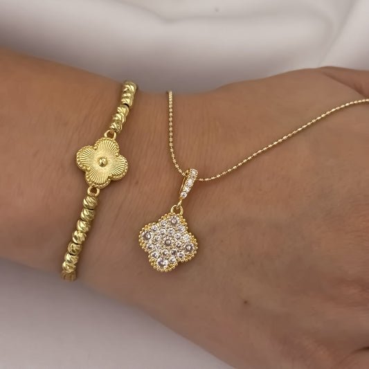 Cadena Tejido Militar de 45cm + Dije de Van Cleef con Micro Circones Cristales + Pulseras Van Cleef en Balin Italiano de 4mm en Oro Laminado 18k  con Garantia de por vida