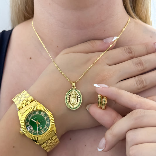 Cadena Cubana Diamantada  + Virgen de Guadalupe micro circones Verde + Candongas Verde + Reloj Rolex en Oro Laminado 18k con Garantia de por vida