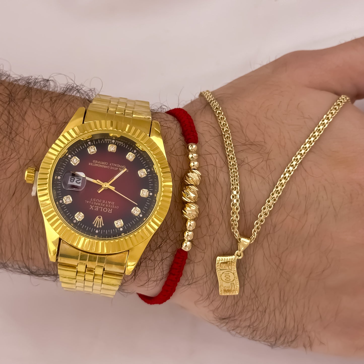 Cadena Tejido chino de hombre 60cm de 3mm + Dije de Billete de Dolar + Pulsera Tejida en Balin Italiano en Oro Laminado 18k con Garantia de por vida