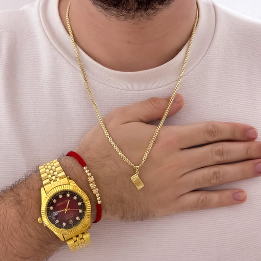 Cadena Tejido chino de hombre 60cm de 3mm + Dije de Billete de Dolar + Pulsera Tejida en Balin Italiano en Oro Laminado 18k con Garantia de por vida