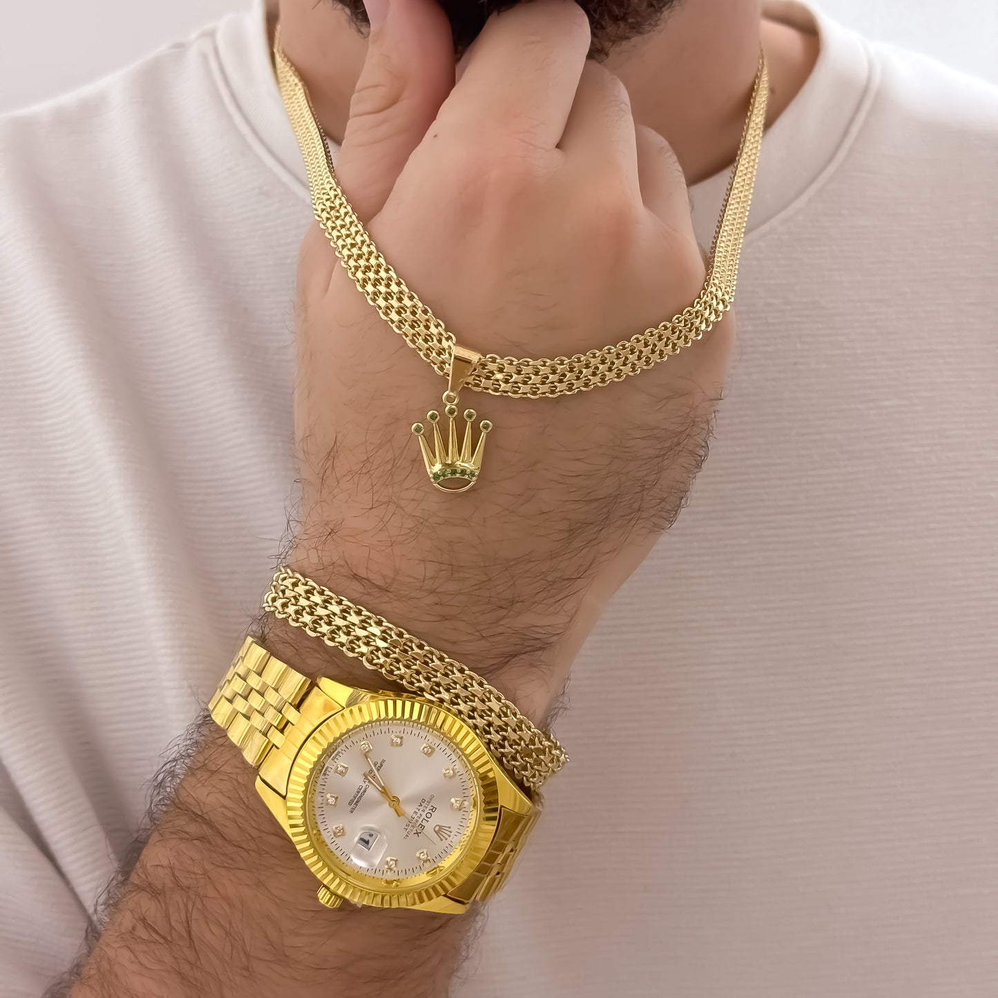 Cadena Tejido Chino Grueso 60cm de 6mm  + Pulsera Tejido Chino Gruesa 20cm de 6mm en Oro Laminado 18k con Garantia de por vida + Reloj Rolex