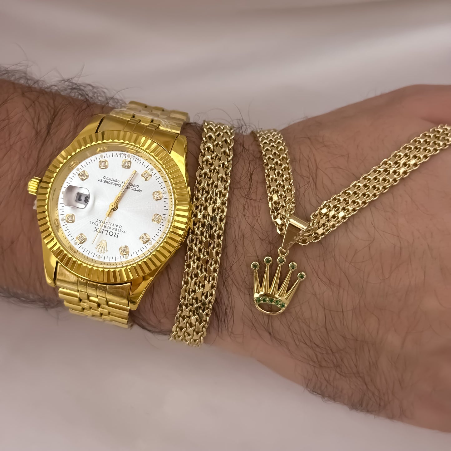 Cadena Tejido Chino Grueso 60cm de 6mm  + Pulsera Tejido Chino Gruesa 20cm de 6mm en Oro Laminado 18k con Garantia de por vida + Reloj Rolex