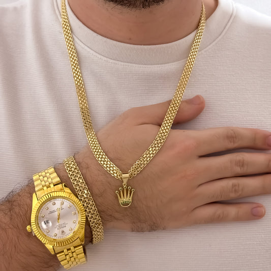 Cadena Tejido Chino Grueso 60cm de 6mm  + Pulsera Tejido Chino Gruesa 20cm de 6mm en Oro Laminado 18k con Garantia de por vida + Reloj Rolex