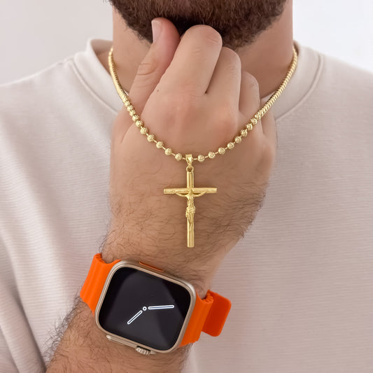 Cadena Tejido Militar Diamantada de 60cm de 4mm de Grosor + Cruz Cristo Madero Protección en Oro Laminado 18k con Garantia de por vida + Reloj  Apple Watch ULTRA 2