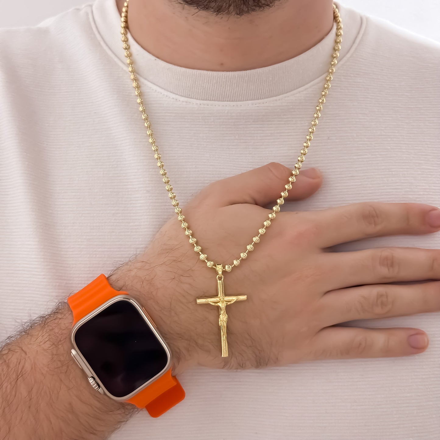 Cadena Tejido Militar Diamantada de 60cm de 4mm de Grosor + Cruz Cristo Madero Protección en Oro Laminado 18k con Garantia de por vida + Reloj  Apple Watch ULTRA 2