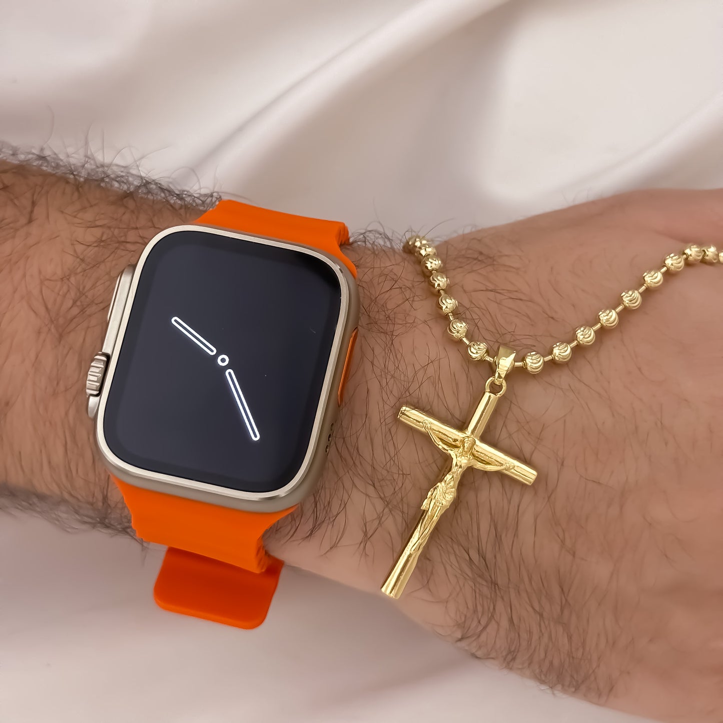 Cadena Tejido Militar Diamantada de 60cm de 4mm de Grosor + Cruz Cristo Madero Protección en Oro Laminado 18k con Garantia de por vida + Reloj  Apple Watch ULTRA 2