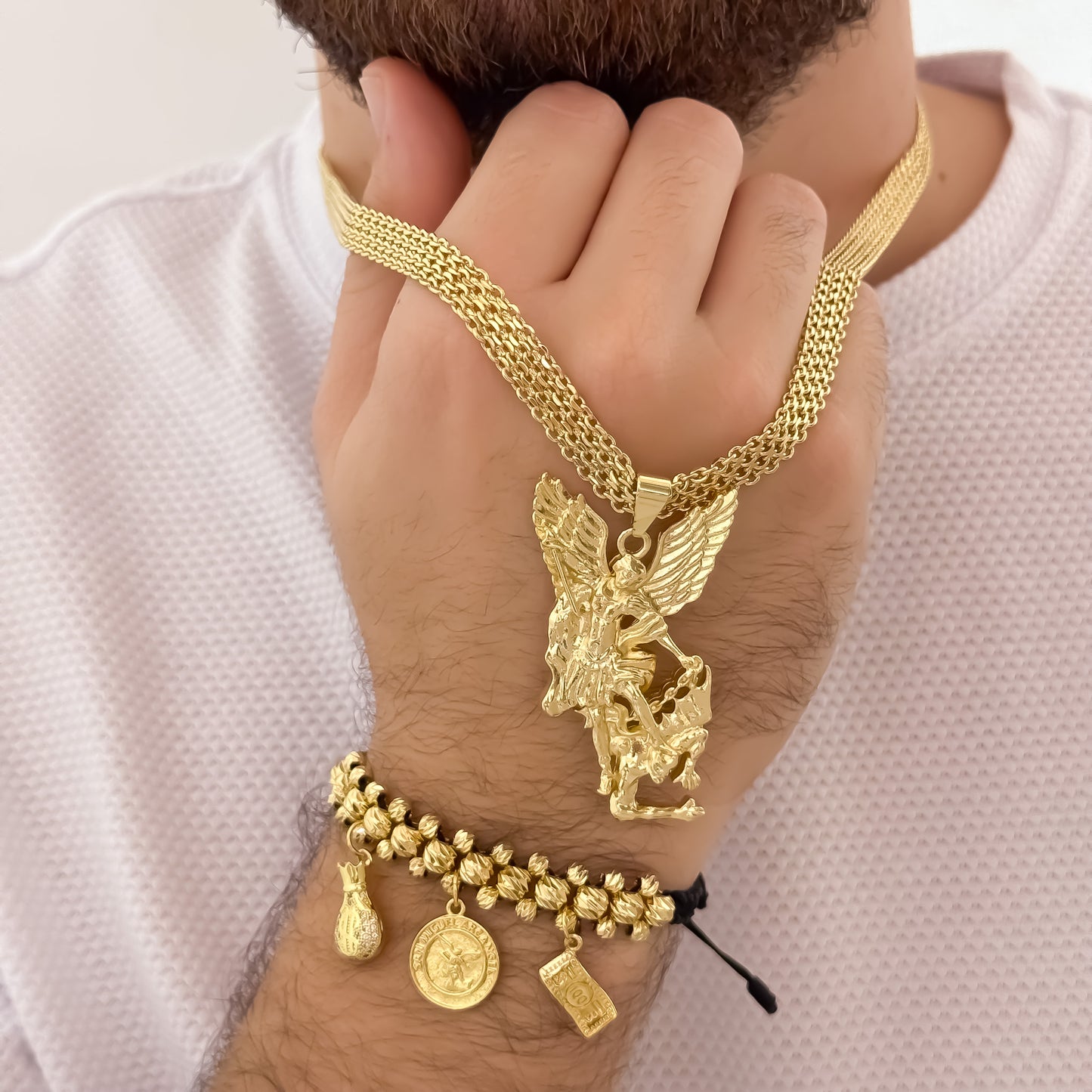 Cadena Tejido Chino Doble Carril de 60cm de 5mm de Grosor + San Miguel Arcangel Proteccion + Pulsera Abundancia Protección de 3 Carriles en Balin Italiano en Oro Laminado 18k con Garantia de por vida