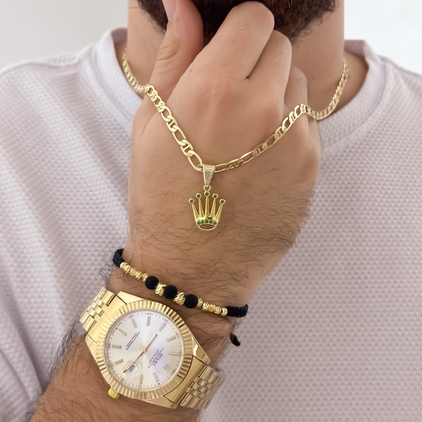 Cadena Tejido 1 X 1 de Hombre de 60cm de 5mm + Corona Rolex con Micro circones Verde + Pulsera Tejida Balin Italiano de 4mm - 5mm en Oro Laminado 18k con Garantia de por vida + Reloj de Hombre Rolex con Garantia