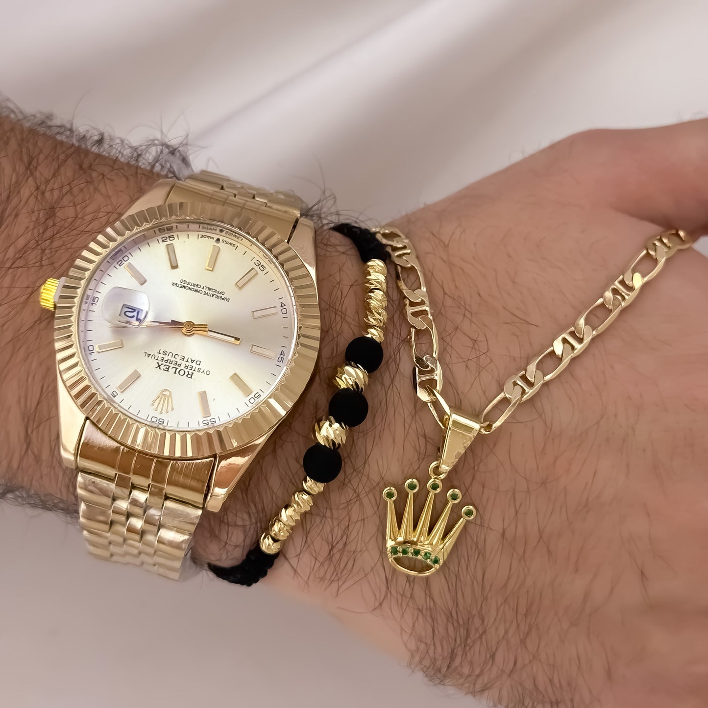 Cadena Tejido 1 X 1 de Hombre de 60cm de 5mm + Corona Rolex con Micro circones Verde + Pulsera Tejida Balin Italiano de 4mm - 5mm en Oro Laminado 18k con Garantia de por vida + Reloj de Hombre Rolex con Garantia