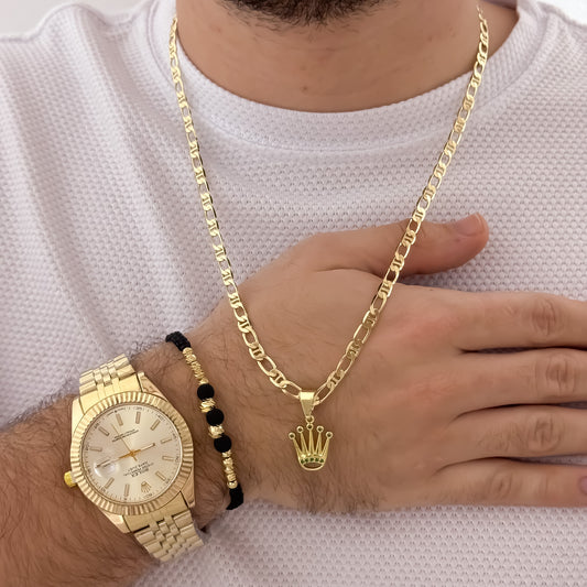 Cadena Tejido 1 X 1 de Hombre de 60cm de 5mm + Corona Rolex con Micro circones Verde + Pulsera Tejida Balin Italiano de 4mm - 5mm en Oro Laminado 18k con Garantia de por vida + Reloj de Hombre Rolex con Garantia