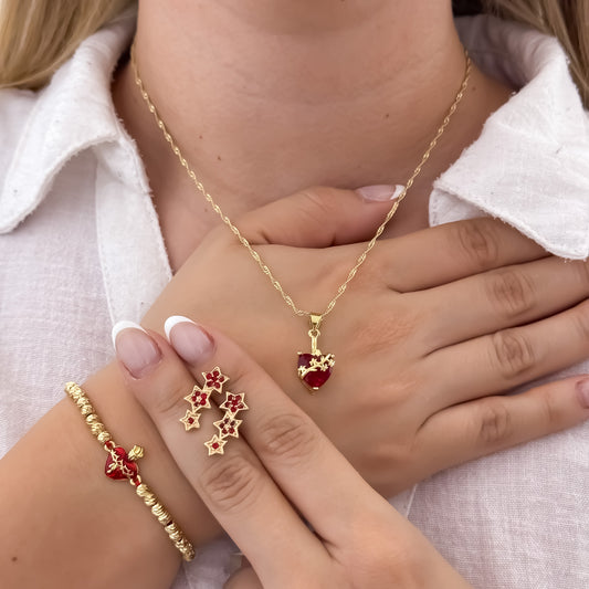 Cadena Tejido Singapur de Dama + Dije de Corazon de jesus + Pulsera de Coraozn de Jesus Balin Italiano + Topos Estrella con Circones Rojo en Oro Laminado 18k con Garantia de por vida