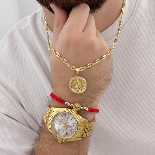 Cadena Tejido Gucci de 60cm de 4mm + San Benito Proteccion + Pulsera San Benito Hilo Rojo en Oro Laminado 18k con Garantia + Reloj Rolex 1.1 con garantía