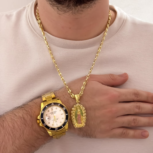 Cadena Tejido Gucci de Hombre de 60cm de 5mm + Virgen de Guadalupe de Colores + Reloj Rolex  1.1 en Oro Laminado 18k con Garantia de por vida