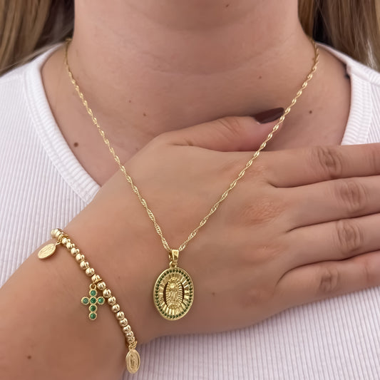 Cadena Tejido Singapur de Dama de 45cm + Virgen de Guadalupe Verde + Pulsera Full Balin de 4mm  con Dije en Oro Laminado 18k con Garantia de por vida